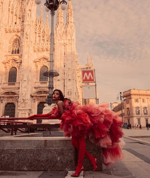 ROSSO INFERNA COUTURE RUFFLE GOWN